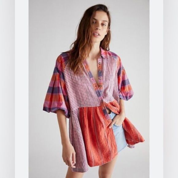 New Free People moon by plaid top size S - Picture 1 of 7